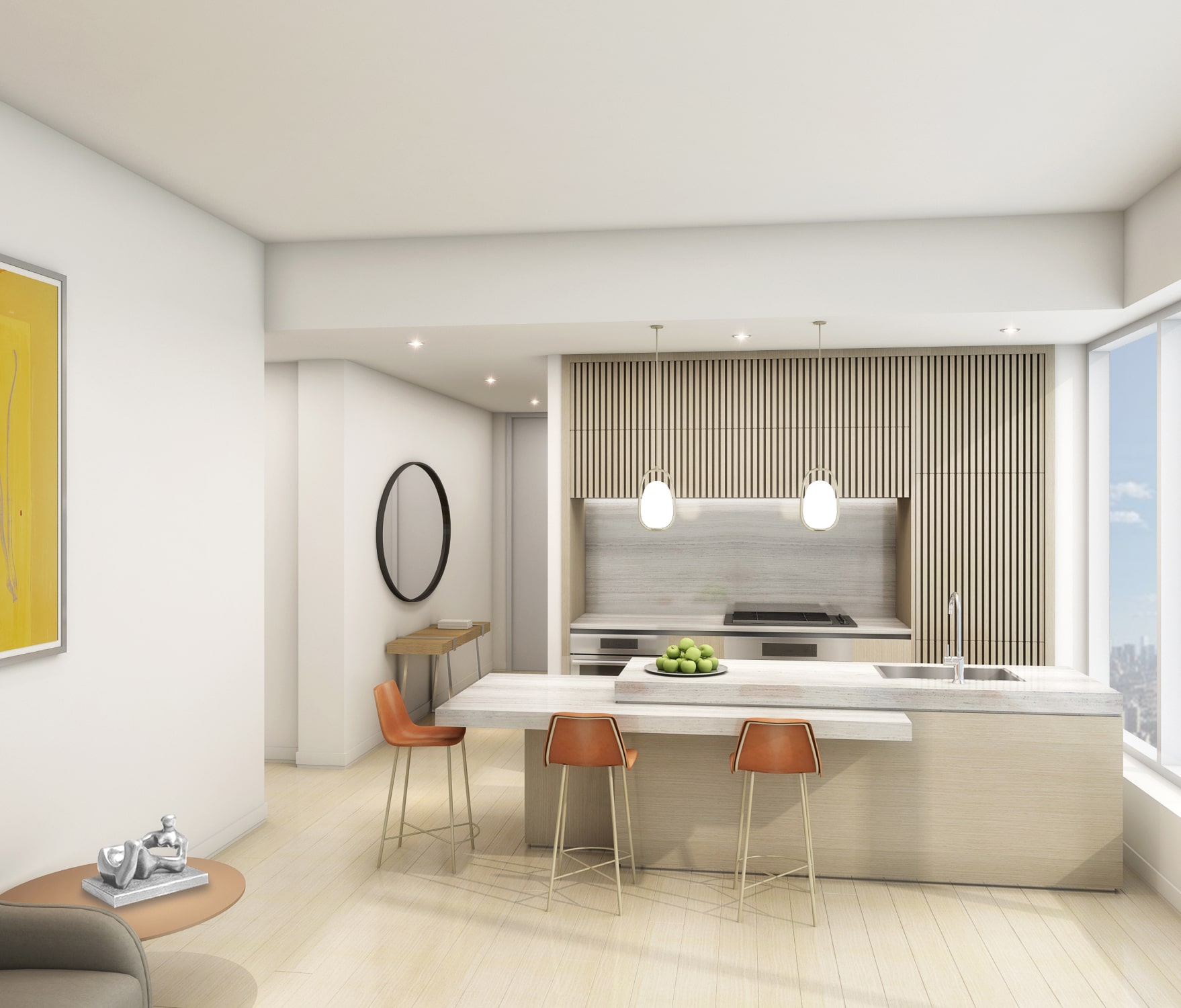 A rendering of a kitchen and living room space in The Avenir.