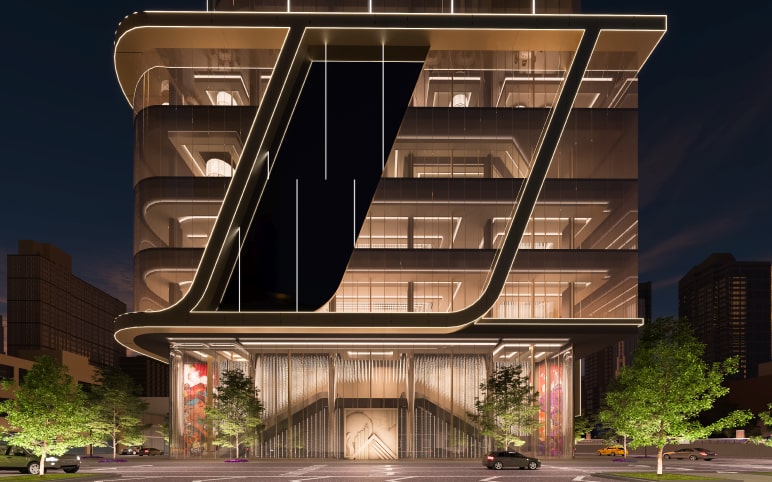 A rendering of The Avenir’s exterior at night.