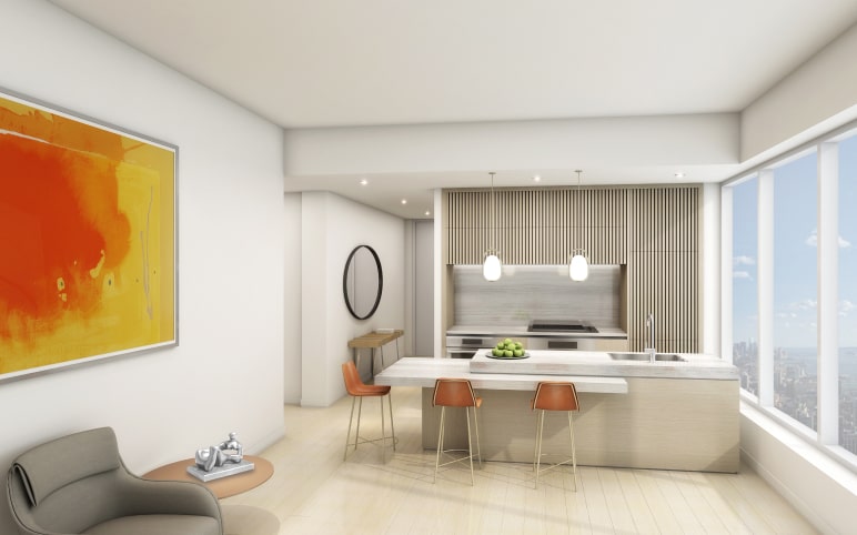 A rendering of a kitchen and living room space in The Avenir.