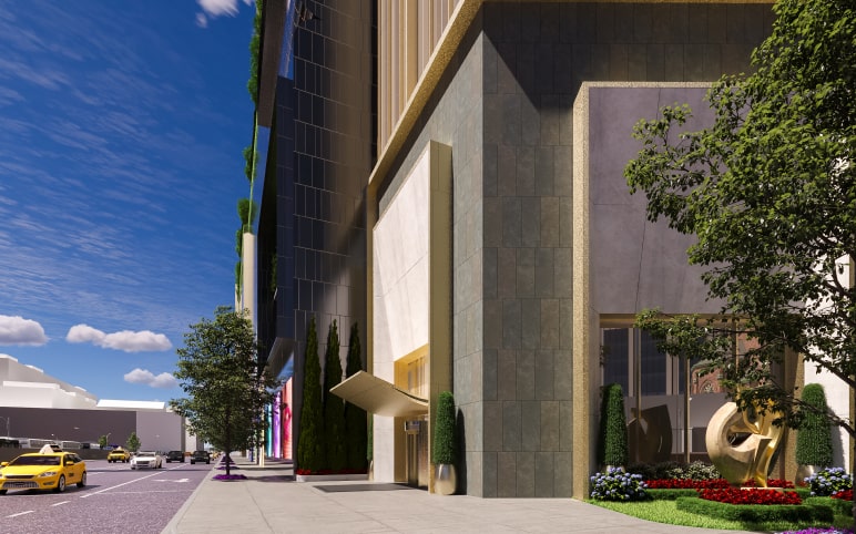 A rendering of the entrance to The Avenir’s housing units.